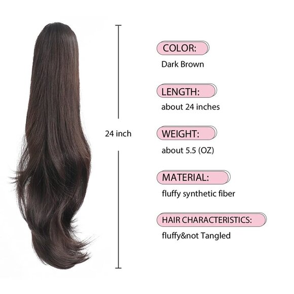 Ponytail Extension Synthetic Dark Brown 24 Inches Claw Clip Hair Piece Women main image 2